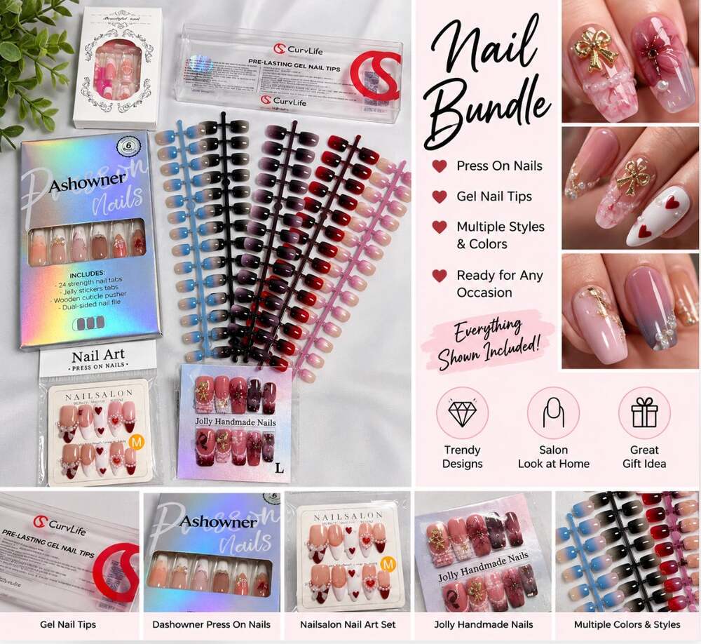 Press On Nail Bundle Handmade Nail Art Sets Gel Tips Assorted Colors Designs